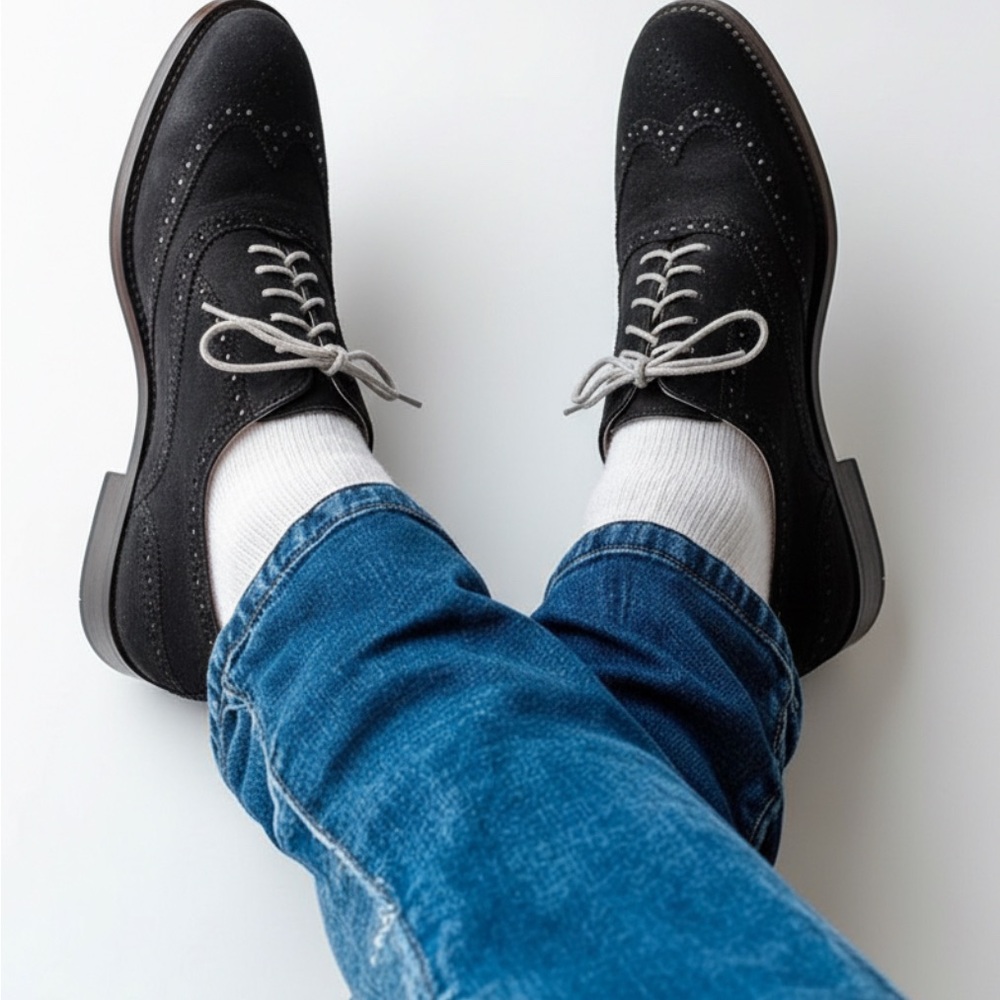 Cole Haan black suede wingtip oxford shoes with tan/cream laces